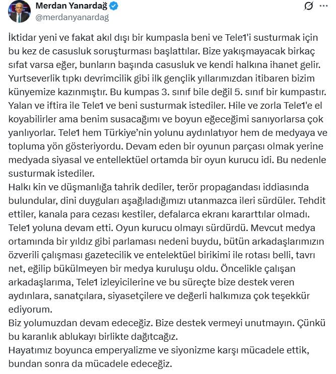 Merdan Yanardağ'ın X hesabından yapılan paylaşım (28.10.2025)